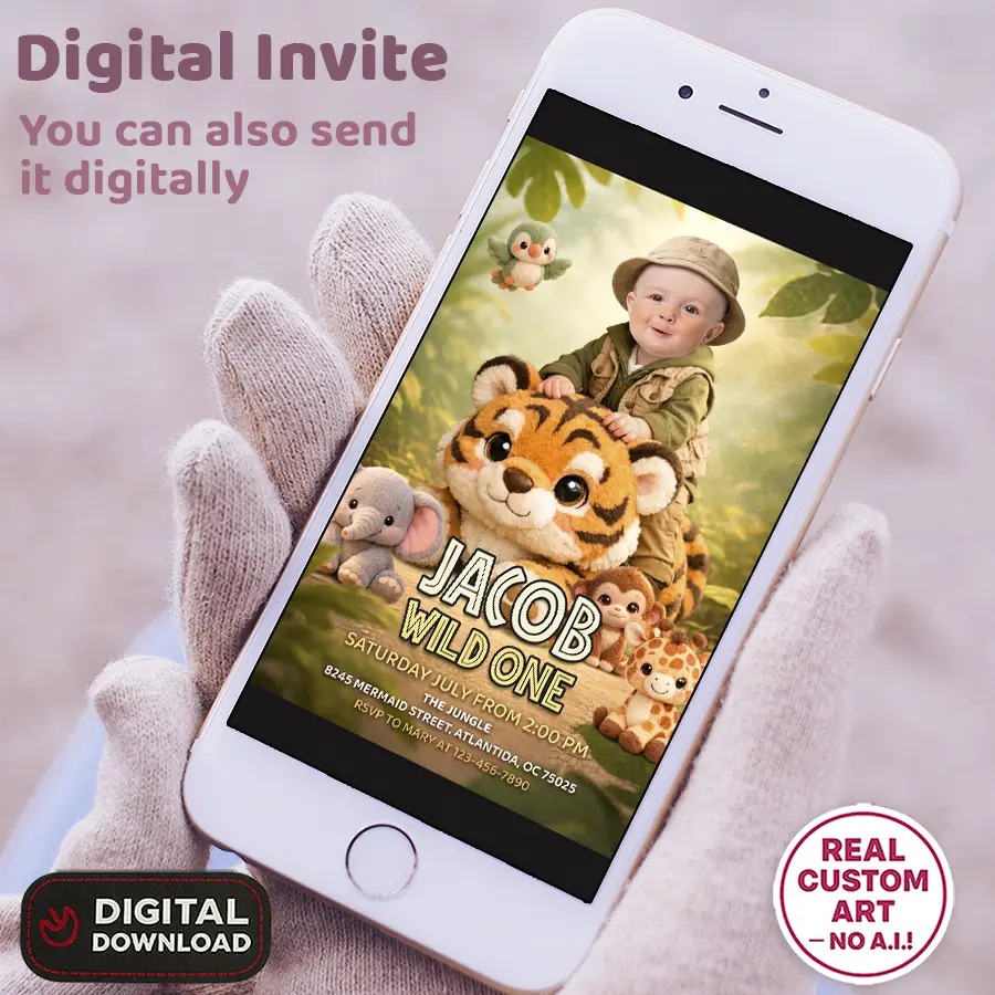 Cute Wild One Party Invitation | Custom Baby Plush Tiger Photo Invite 5 Cute Wild One Party Invitation – Personalized 1st Jungle Photo Invitation – Delivery 24h – Digital Download
