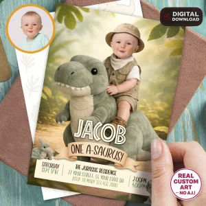 Baby Dinosaur Birthday Invitation Custom Photo T-Rex Plush