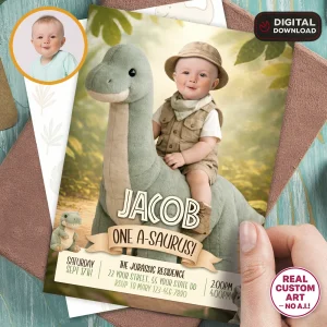 Baby Dinosaur Invitation – Custom 1st Birthday Photo Invitation – Delivered in 24h – Digital File