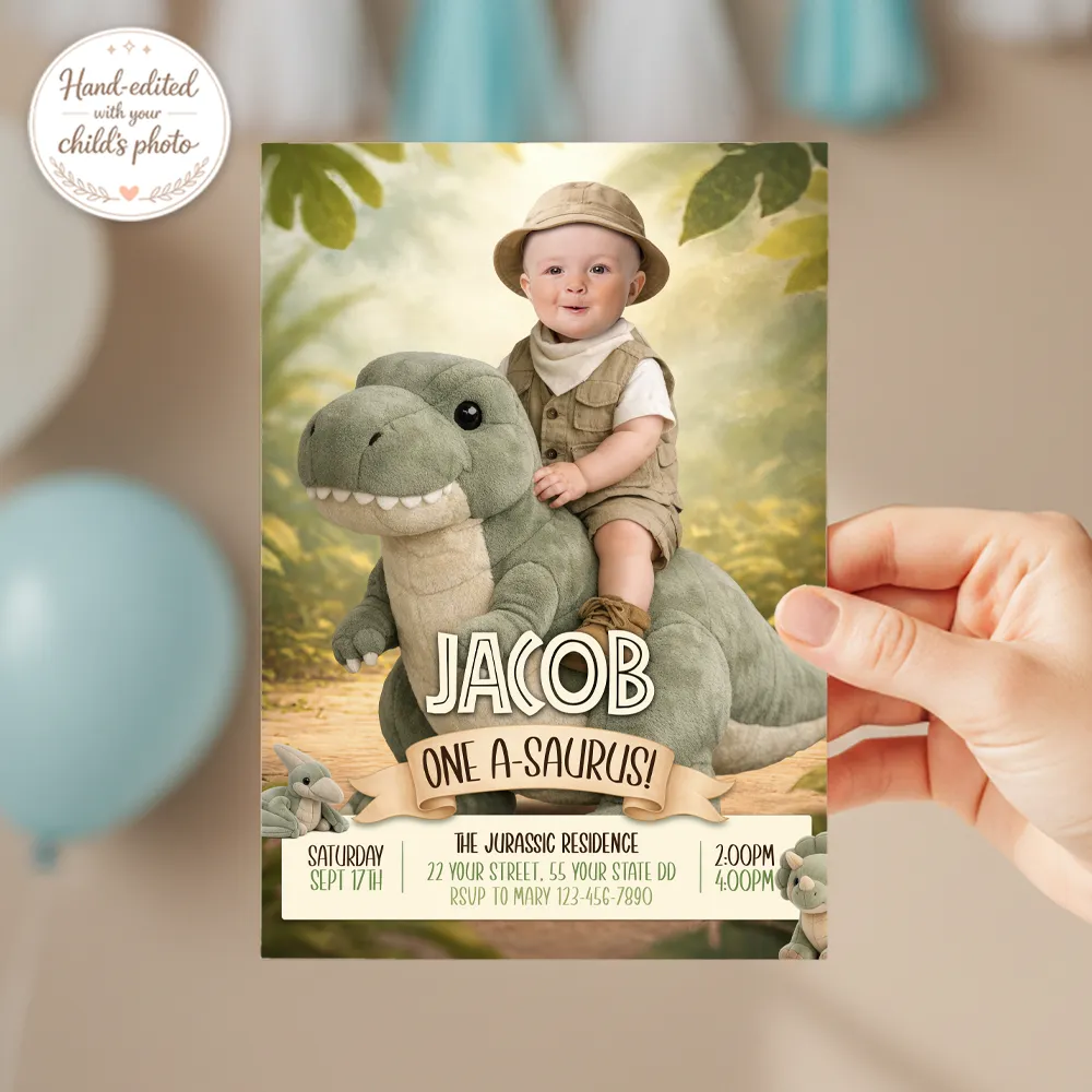 Baby Dinosaur Birthday Invitation | Custom Cute T-Rex Plush Photo Invite 3 Baby Dinosaur Birthday Invitation | Custom Cute T-Rex Plush Photo Invite
