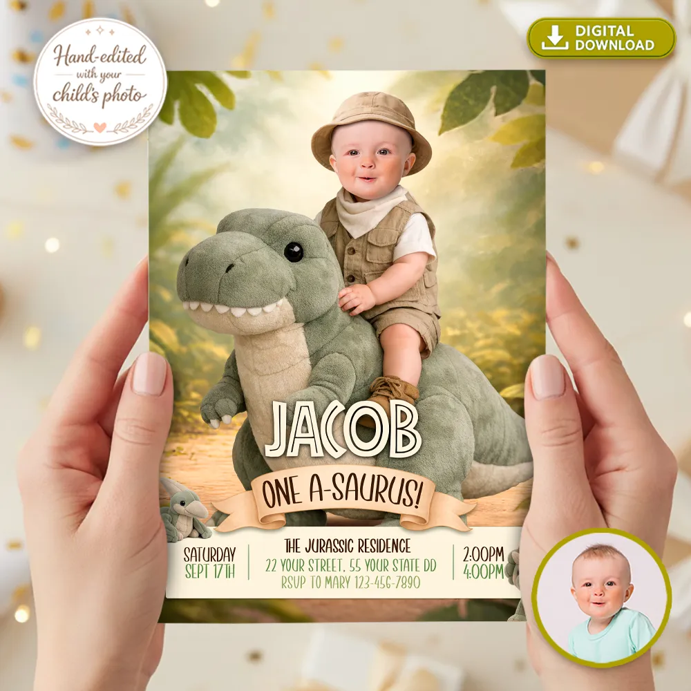 Baby Dinosaur Birthday Invitation | Custom Cute T-Rex Plush Photo Invite 2 Baby Dinosaur Birthday Invitation | Custom Cute T-Rex Plush Photo Invite