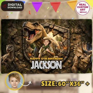 Jurassic Birthday Banner – Custom Dinosaur Party Decoration With Photo – Delivered in 24h – Digital File
