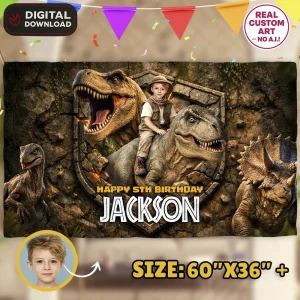 Jurassic Party Banner – Custom Dinosaur Birthday Decoration With Photo – Delivered in 24h – Digital File