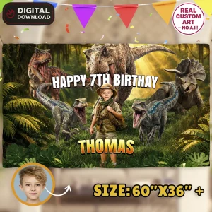 Dinosaur Birthday Banner – Custom Jurassic Party Decoration With Photo – Delivered in 24h – Digital File