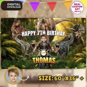 Dinosaur Party Banner – Custom Jurassic Birthday Decoration With Photo – Delivered in 24h – Digital File