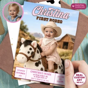 First Rodeo Invitation for Girls – Custom Pink Cowgirl Photo Invitation – Delivered in 24h – Digital File