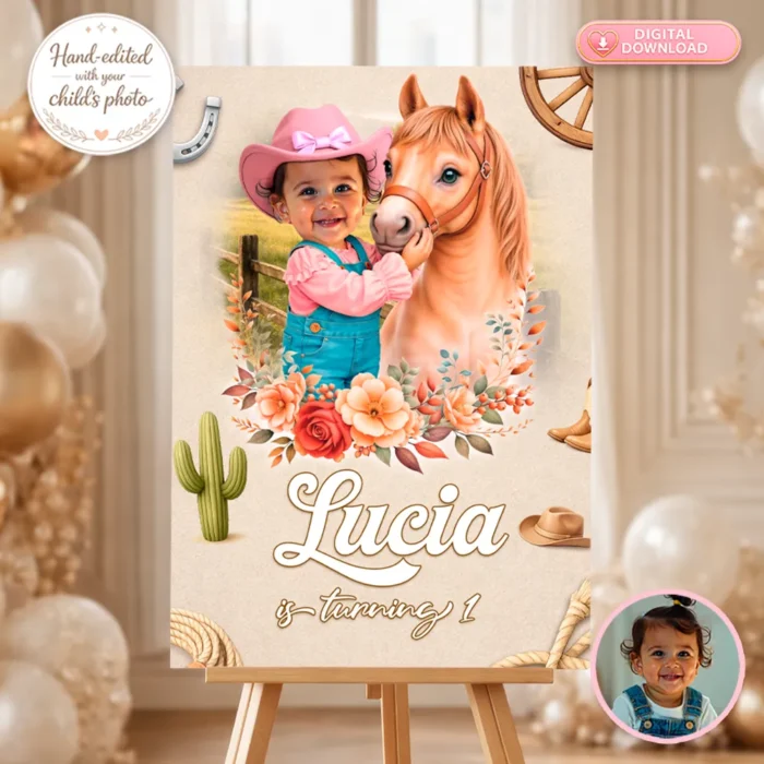 First Rodeo Pink Birthday Welcome Sign – Custom Cowgirl Party Decoration With Photo – Delivered in 24h – Digital File