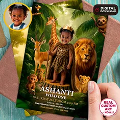 Baby Queen on jungle throne surrounded by animals — Wild One photo invitation