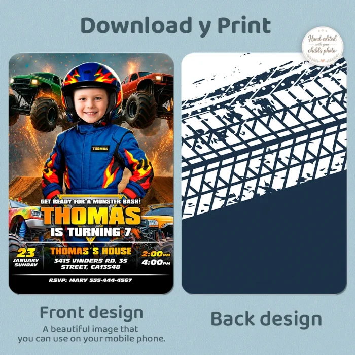 Monster Truck Racing Party Invitation – Personalized Off-Road Birthday Photo Invitation – Delivered in 24h – Digital File