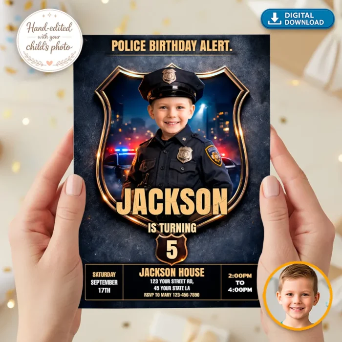 Police Birthday Invitation – Custom Police Officer Party Photo Invitation – Delivered in 24h – Digital File