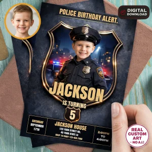 Police Birthday Invitation – Custom Police Officer Party Photo Invitation – Delivered in 24h – Digital File