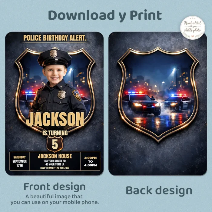 Police Birthday Invitation – Custom Police Officer Party Photo Invitation – Delivered in 24h – Digital File