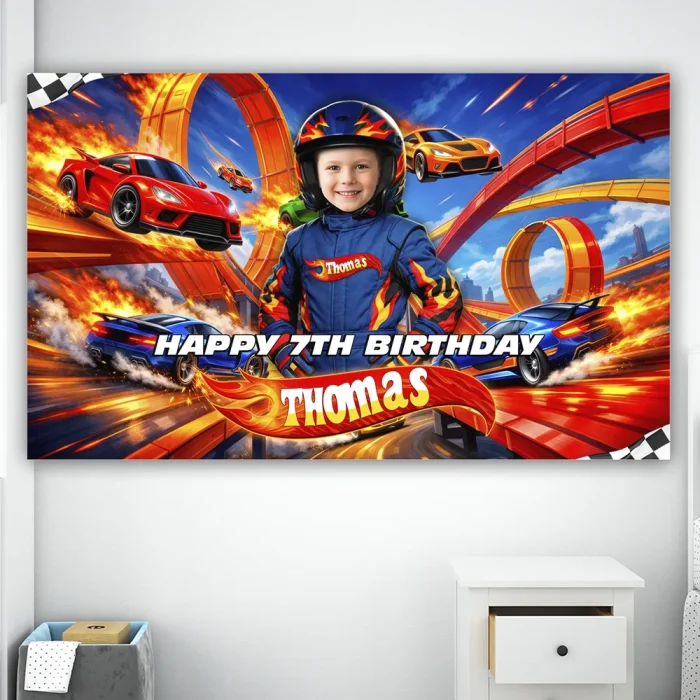 Racing Cars Birthday Banner – Custom High-Speed Party Decoration With Photo – Delivered in 24h – Digital File
