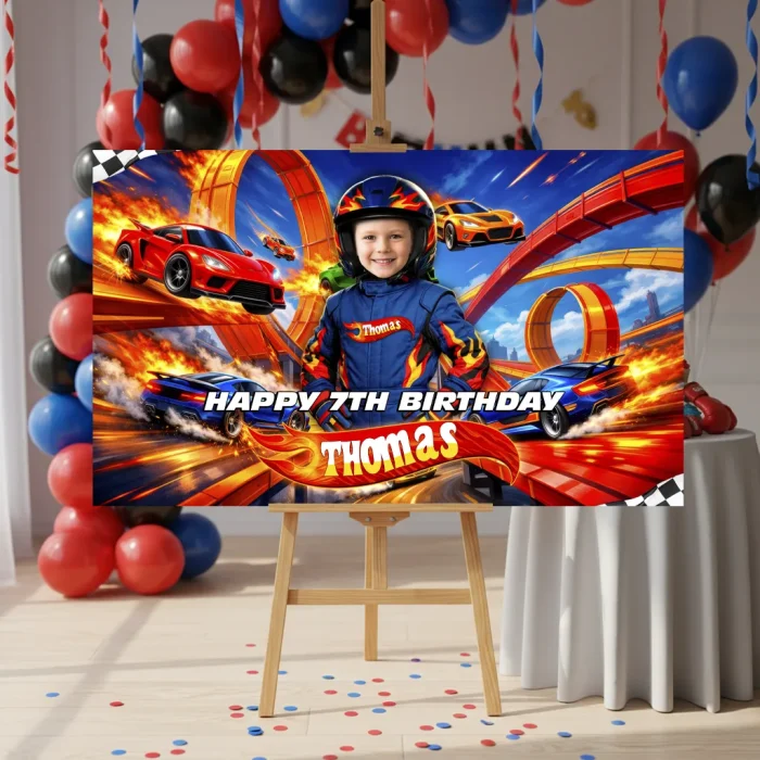 Racing Cars Birthday Banner – Custom High-Speed Party Decoration With Photo – Delivered in 24h – Digital File