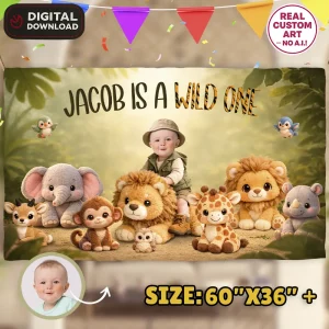 Cute Wild One Birthday Banner Custom Baby Plush Lion