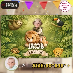 Wild One Birthday Banner – Personalized Jungle Party Decor With Photo (24h Delivery) – Digital Download