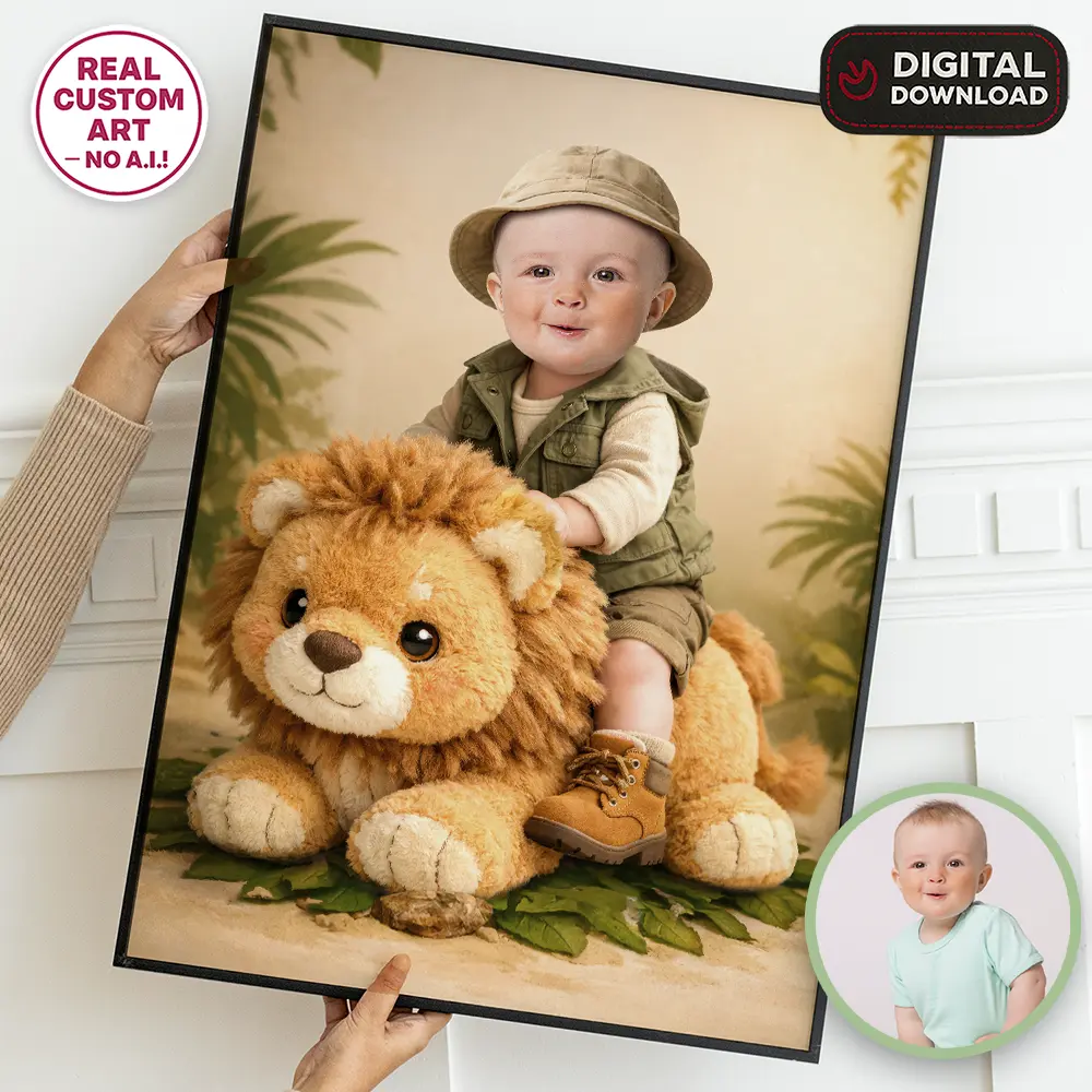 Custom Cute Wild One Baby Portrait with Photo – Safari Plush Animal Birthday Decoration – Delivered in 24h – Digital File 1 Custom Cute Wild One Baby Portrait with Photo – Safari Plush Animal Birthday Decoration – Delivered in 24h – Digital File