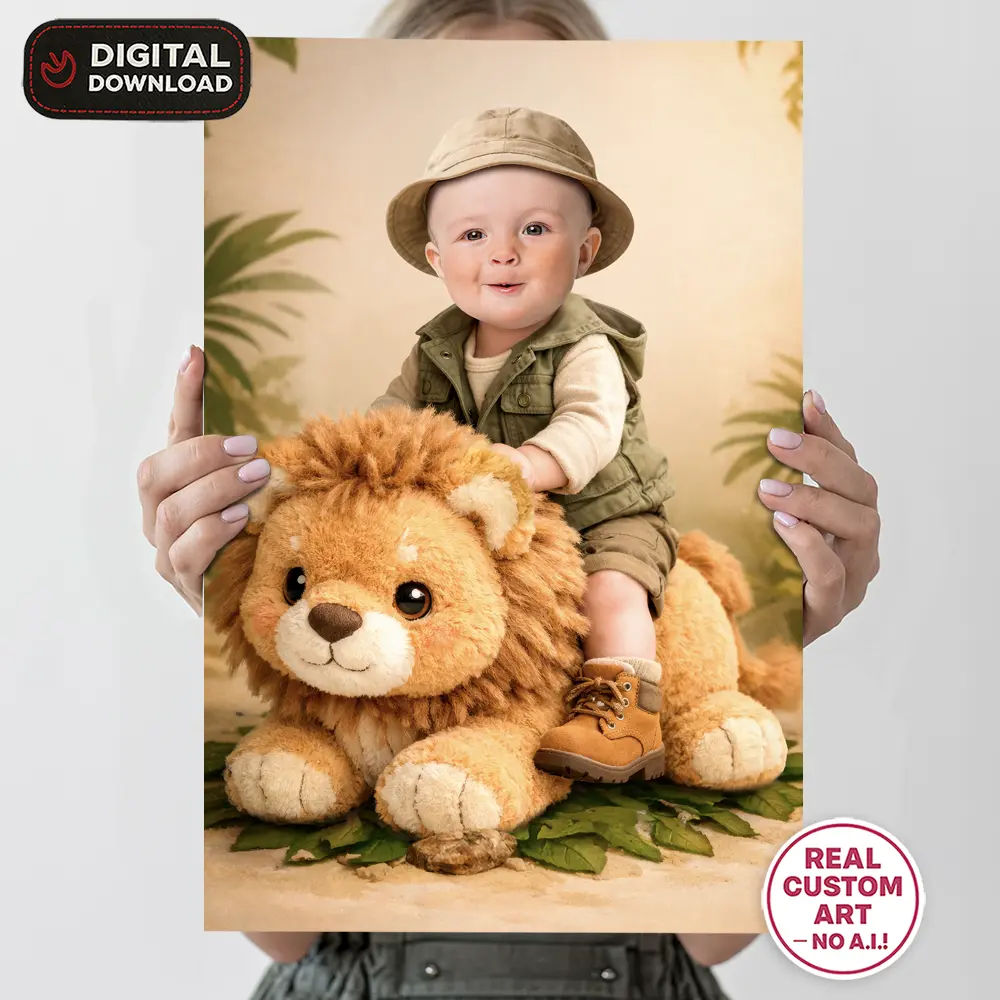 Custom Cute Wild One Baby Portrait with Photo – Safari Plush Animal Birthday Decoration – Delivered in 24h – Digital File 5 Custom Cute Wild One Baby Portrait with Photo – Safari Plush Animal Birthday Decoration – Delivered in 24h – Digital File