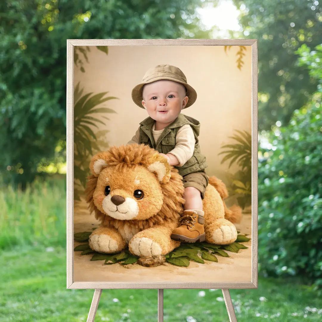 Custom Cute Wild One Baby Portrait with Photo – Safari Plush Animal Birthday Decoration – Delivered in 24h – Digital File 4 Custom Cute Wild One Baby Portrait with Photo – Safari Plush Animal Birthday Decoration – Delivered in 24h – Digital File