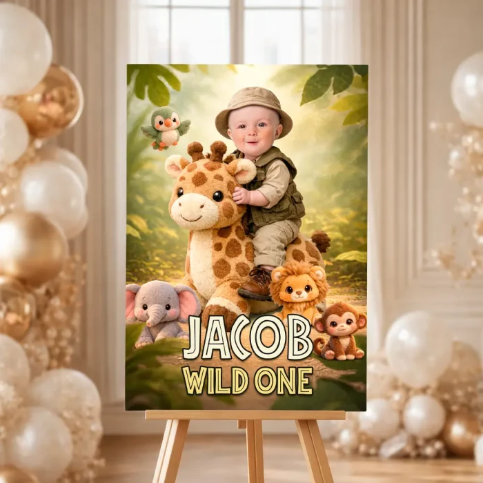 Cute Jungle Photo Welcome Sign – Personalized Wild One Party Decor (24h Delivery) – Digital Download