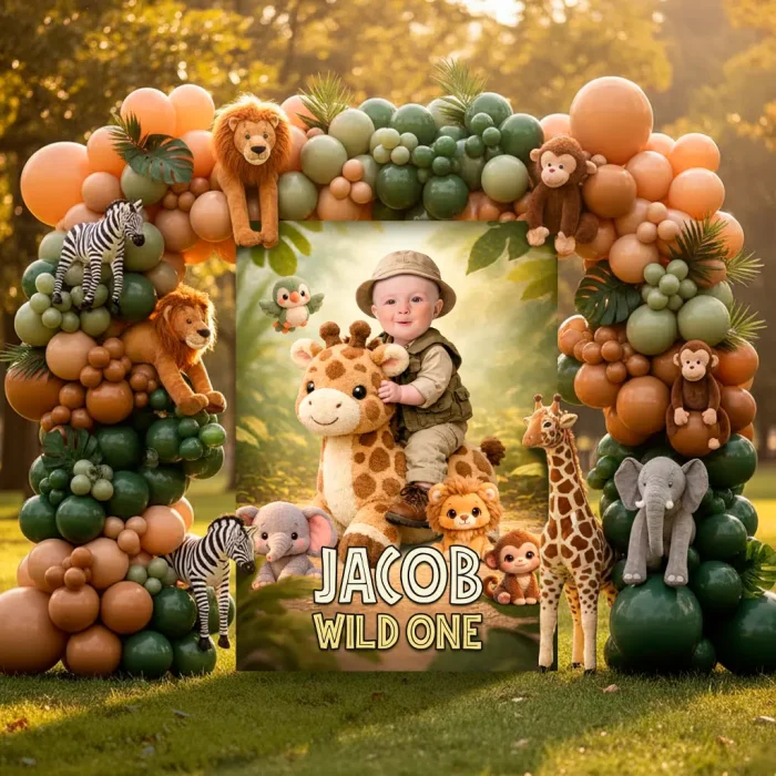 Cute Jungle Photo Welcome Sign – Personalized Wild One Party Decor (24h Delivery) – Digital Download