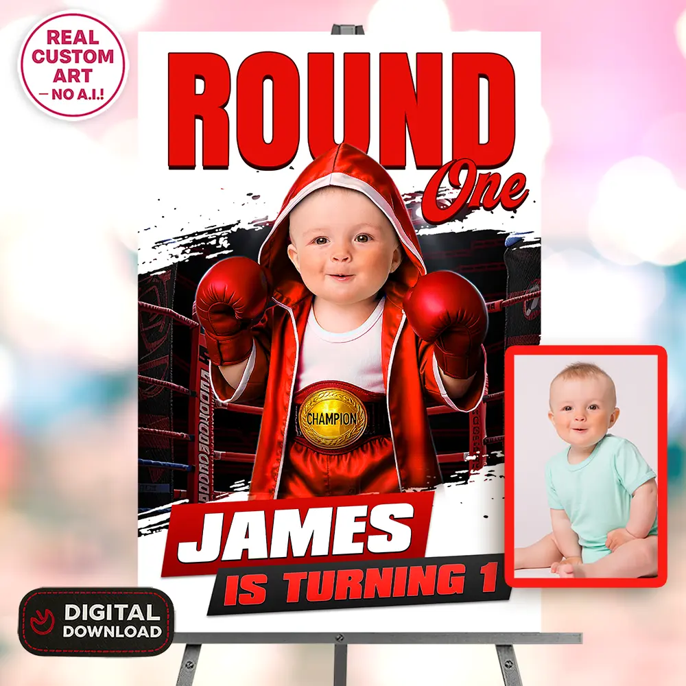 Round One Welcome Sign – Custom Baby Boxer Birthday Party Decoration With Photo – Delivered in 24h – Digital File 1 Round One Welcome Sign – Custom Baby Boxer Birthday Party Decoration With Photo – Delivered in 24h – Digital File