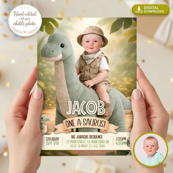 Baby Dinosaur Invitation – Custom 1st Birthday Photo Invitation – Delivered in 24h – Digital File