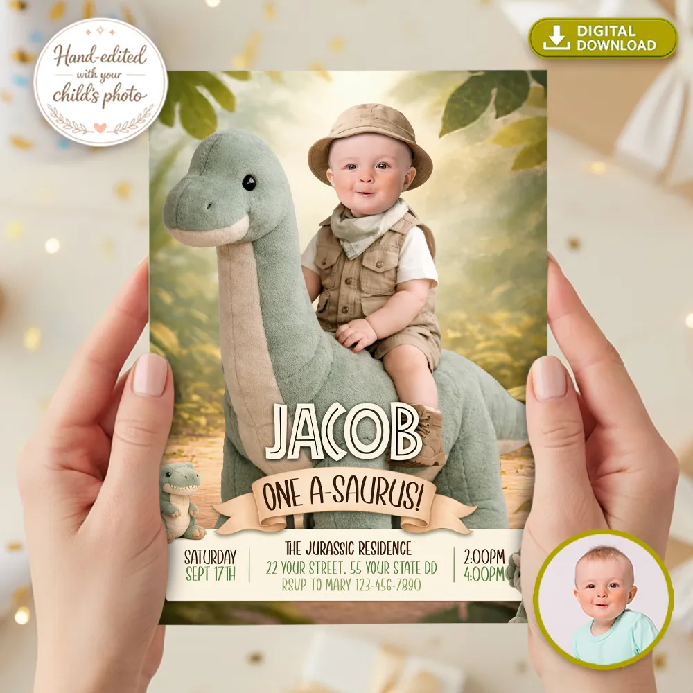 Baby Dinosaur Invitation – Custom 1st Birthday Photo Invitation – Delivered in 24h – Digital File 2 Baby Dinosaur Invitation – Custom 1st Birthday Photo Invitation – Delivered in 24h – Digital File
