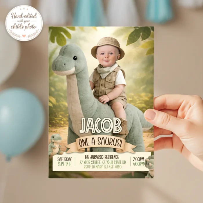 Baby Dinosaur Invitation – Custom 1st Birthday Photo Invitation – Delivered in 24h – Digital File