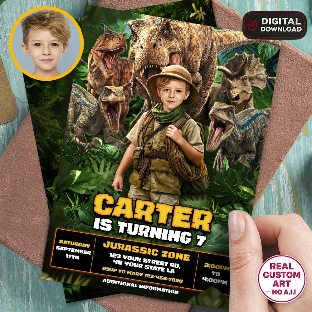 Personalized dinosaur birthday invitation with explorer theme and child photo