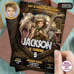 custom Jurassic Invitation – Dinosaur Birthday Invitation With Photo – Delivered in 24h – Digital File (Copy)