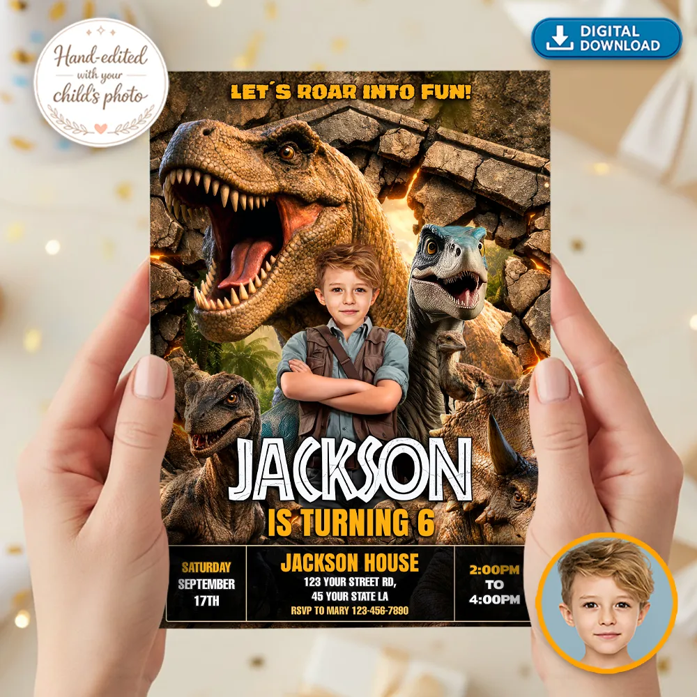 Personalized Jurassic Invitation | Custom Dino Park Ranger Photo Invite 2 Personalized Jurassic Invitation – Dinosaur Birthday Invitation With Photo – Delivered in 24h – Digital File