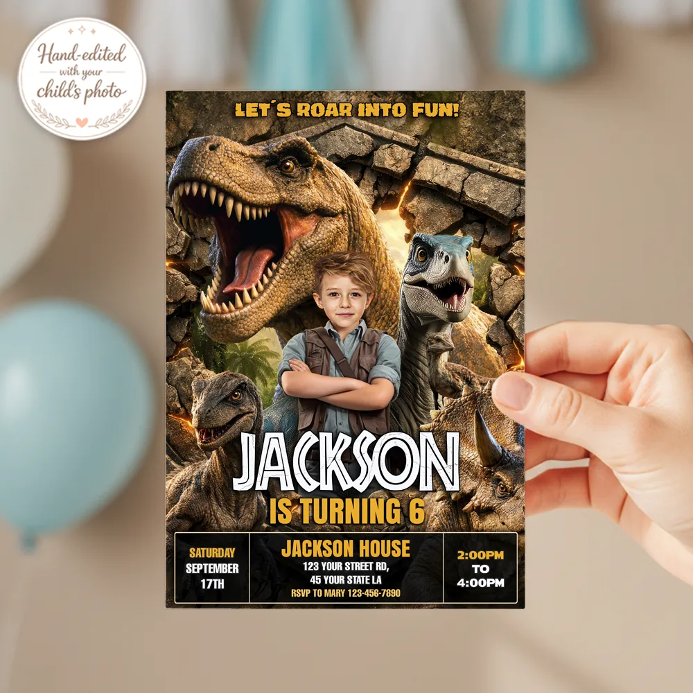 Personalized Jurassic Invitation | Custom Dino Park Ranger Photo Invite 3 Personalized Jurassic Invitation – Dinosaur Birthday Invitation With Photo – Delivered in 24h – Digital File