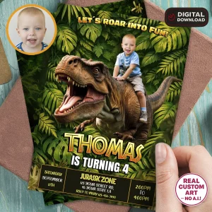 Tyrannosaurus Photo Invitation – Custom Jurassic Birthday Invitation – Delivered in 24h – Digital File