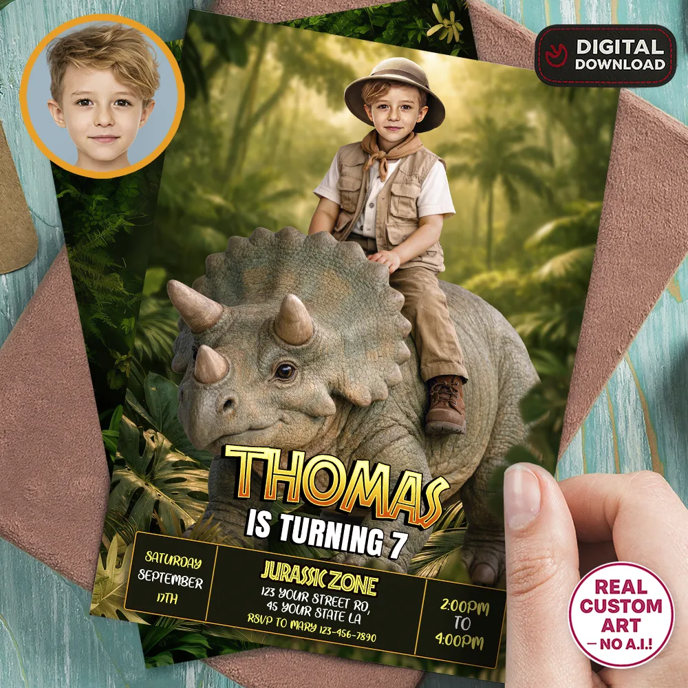 Triceratops Birthday Invitation | Custom Dinosaur Explorer Photo Invite 1 Triceratops Birthday Invitation Custom Photo Boy Explorer