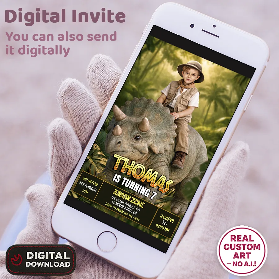 Triceratops Birthday Invitation | Custom Dinosaur Explorer Photo Invite 3 Triceratops Birthday Invitation – Custom Dinosaur Photo Invitation – Delivered in 24h – Digital File