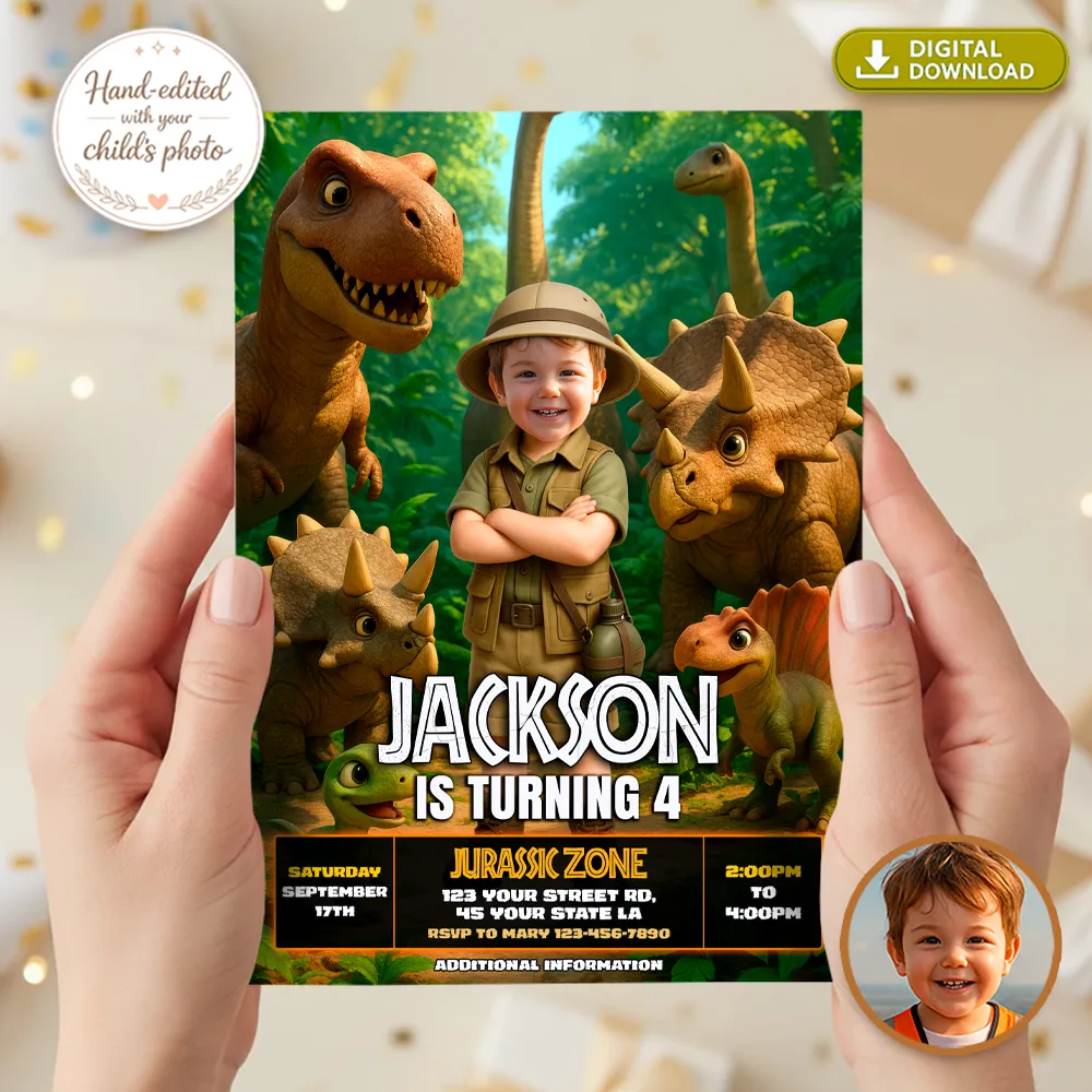 Dino Birthday Photo Invitation | Custom Dinosaur Explorer Invite 2 Dino Birthday Photo Invitation – Custom Jurassic Party Invitation – Delivered in 24h – Digital File
