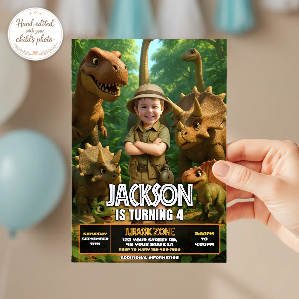 Dino Birthday Photo Invitation | Custom Dinosaur Explorer Invite 3 Dino Birthday Photo Invitation – Custom Jurassic Party Invitation – Delivered in 24h – Digital File