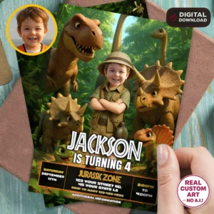 Dino Birthday Photo Invitation – Custom Jurassic Party Invitation – Delivered in 24h – Digital File