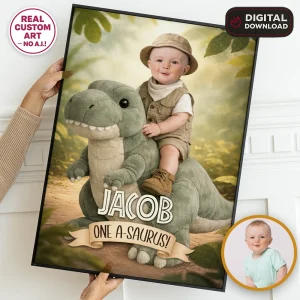 Baby Dinosaur Welcome Sign – Custom Dino Birthday Photo Decoration – Delivered in 24h – Digital File