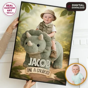 Baby Dino Welcome Sign – Custom Dinosaur Birthday Photo Decoration – Delivered in 24h – Digital File