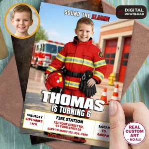 Custom Firefighter Birthday Invitation – Personalized Fire Rescue Photo Invitation – Delivered in 24h – Digital File