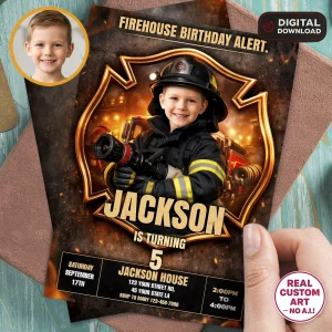Firefighter Birthday Invitation – Personalized Fire Rescue Photo Invitation – Delivered in 24h – Digital File