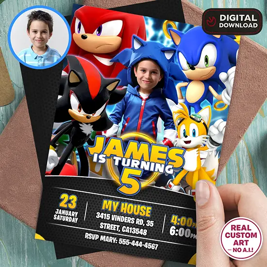 Sonic inspired gamer birthday invitation with personalized photo