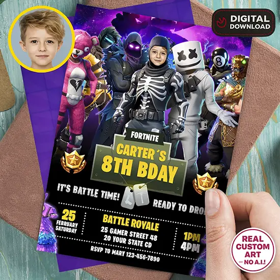 Fortnite inspired gamer birthday invitation with photo
