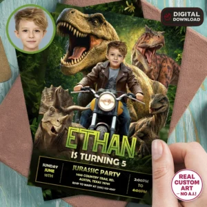 Custom T-Rex Photo Invitation | Personalized Tyrannosaurus Safari Birthday Invite