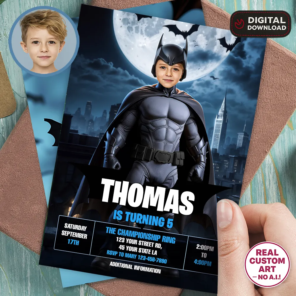 Personalized Dark Hero Birthday Invitation – Custom Superhero Photo Invitation – Delivered in 24h – Digital File 1 Personalized Dark Hero Birthday Invitation – Custom Photo Invitation – Delivered in 24h – Digital File
