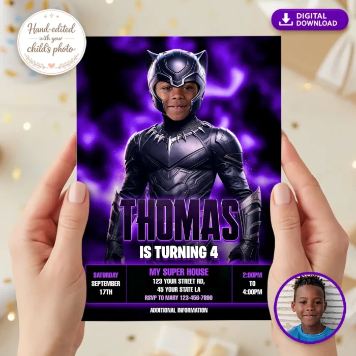 Panther Hero Photo Invitation | Personalized Galactic Superhero Birthday Invite