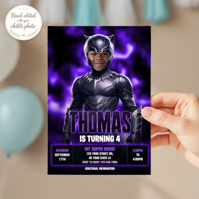 Panther Hero Photo Invitation | Personalized Galactic Superhero Birthday Invite