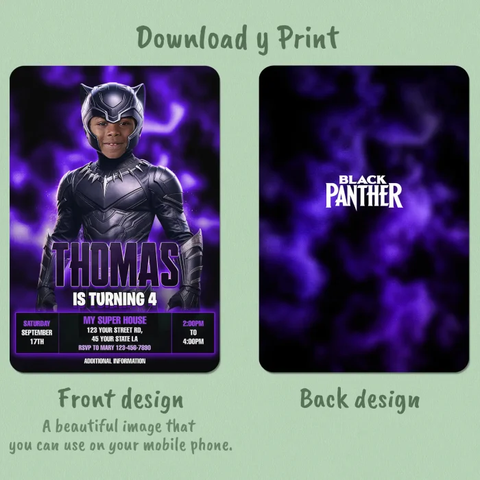 Personalized Panther Hero Photo Invitation – Custom Superhero Birthday Invitation – Delivered in 24h – Digital File
